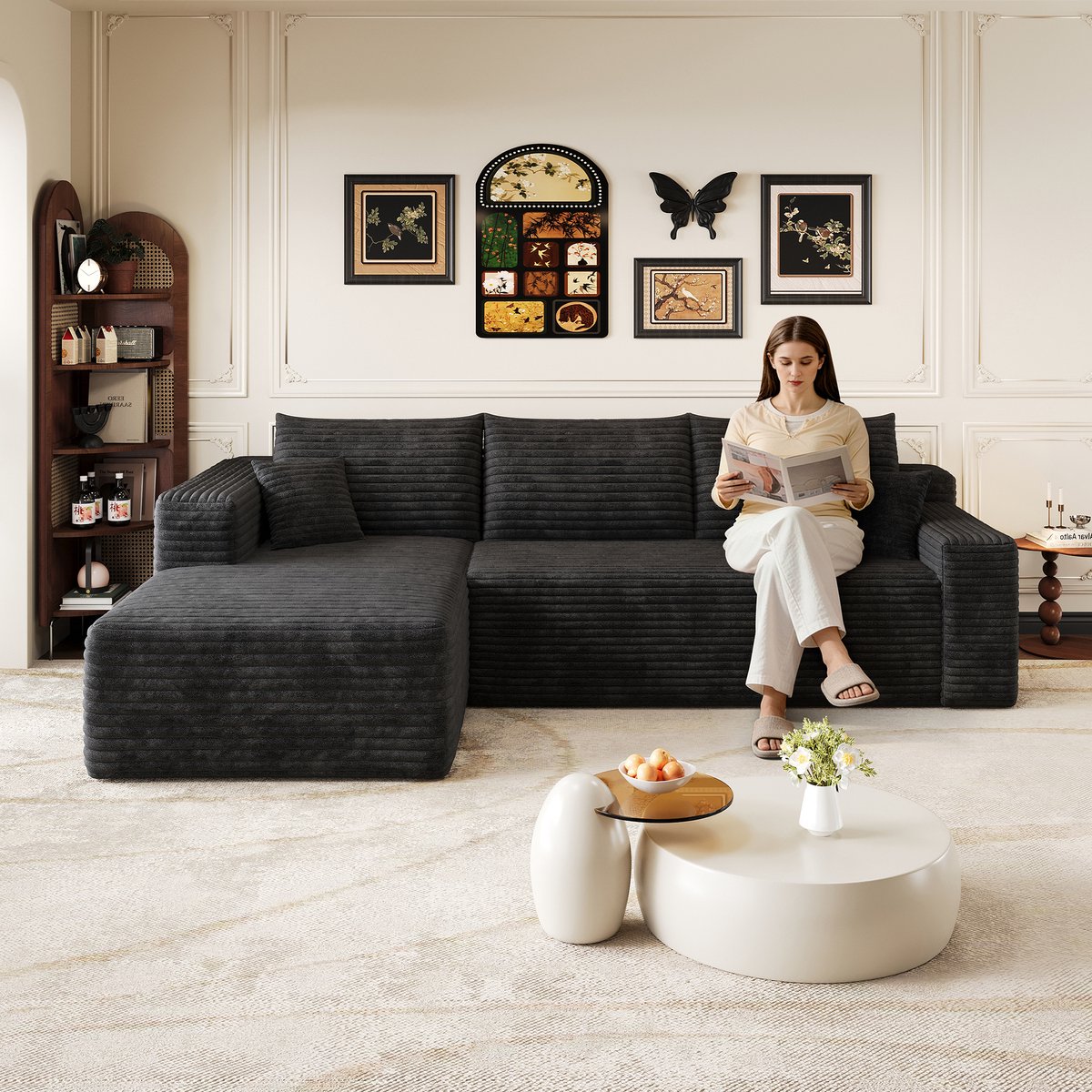 Modulaire L-Bank 3-Zits - Ribstof Cloud Sofa Met Diepe Zit - Comfortabele Hoekbank Met Zachte Schuimvulling - Lounge Bank Zonder Montage - Moderne Woonkamer Sofa - Zwart