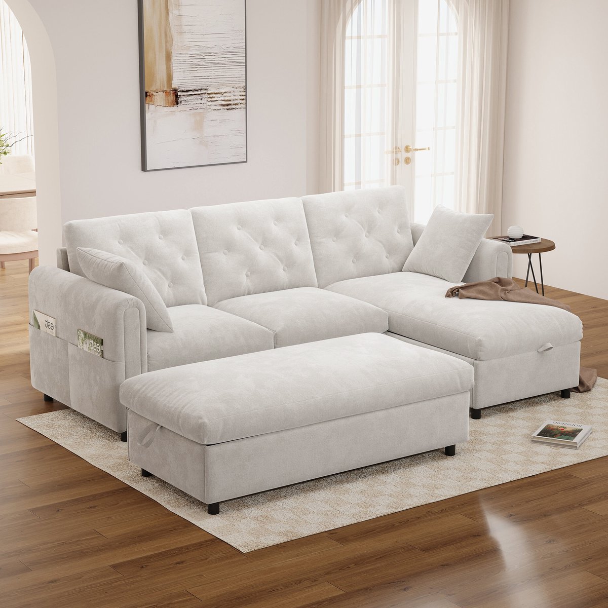 Moderne Hoekbank - 3 Zits Velvet Bank Met Chaise Longue En Opbergruimte - Lounge Sofa Met Hocker - Omkeerbare Hoekbank Met Knoopdetails - Beige