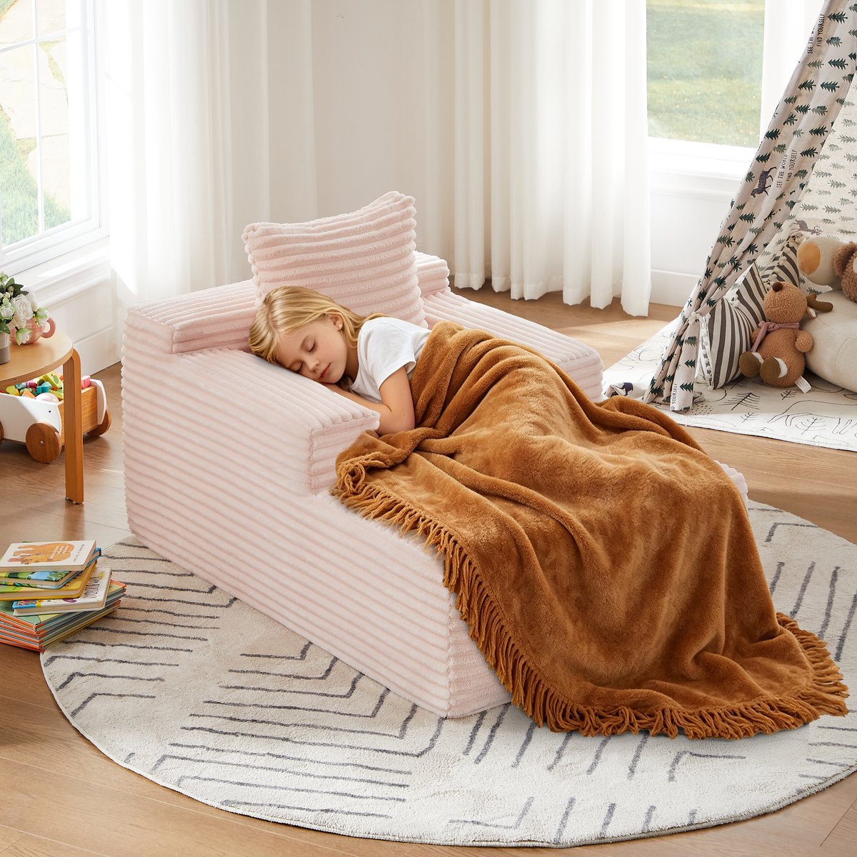 Corduroy Stoel Longue Sofa - comfortabeles slaapbank / Relaxfauteuil 27x27x94 cm, Roze