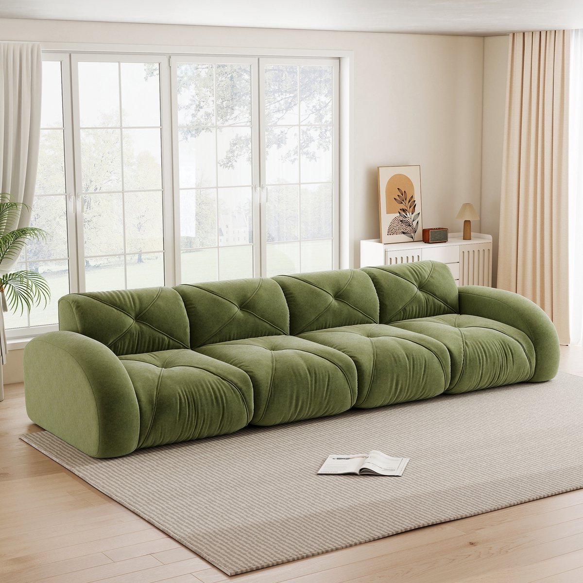 Modulair Viersitter Sofa - Extra groot chenille bedekt met rutschfestes Design - 358x95x76 cm, Groen