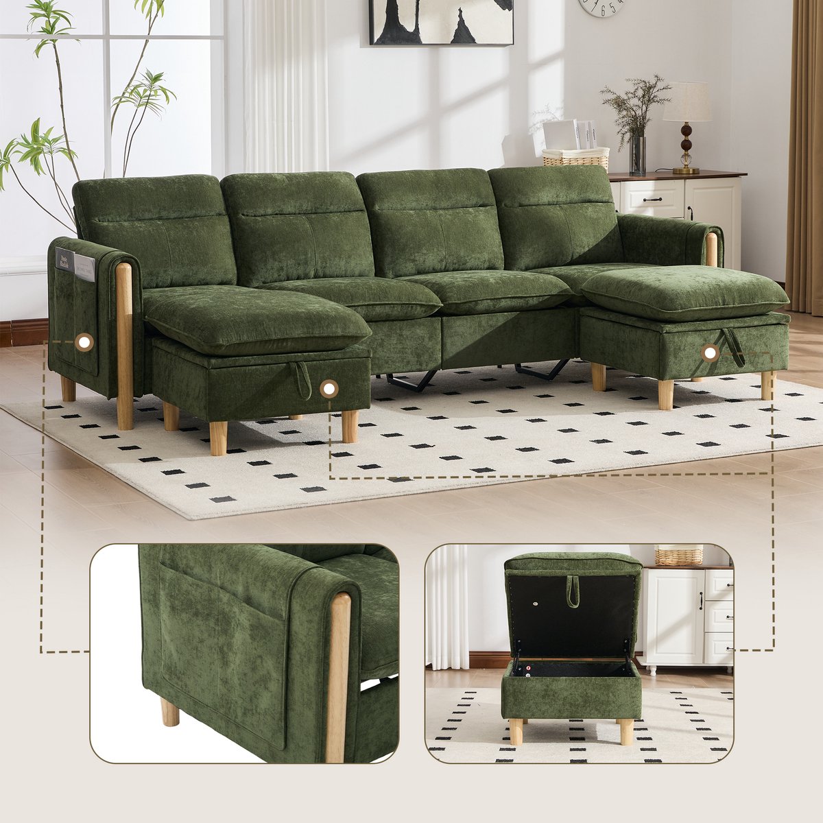 U-Vormige Modulaire Bank - 4 Persoons Chenille Hoekbank Met 2 Hockers En Opbergruimte - Luxe Lounge Sofa Met Houten Frame - Grote Familie Sofa Voor Woonkamer En TV Ruimte - Groen