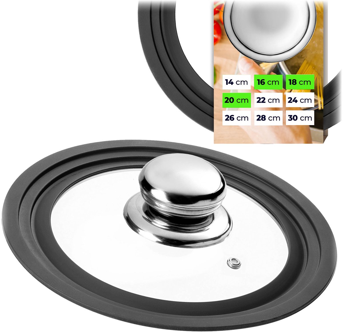KADAX universele deksel 16/18/20 cm, universele deksel voor potten en pannen, pannendeksel, glazen deksel met siliconenrand en stoomopening, potdeksel (roestvrij staal)