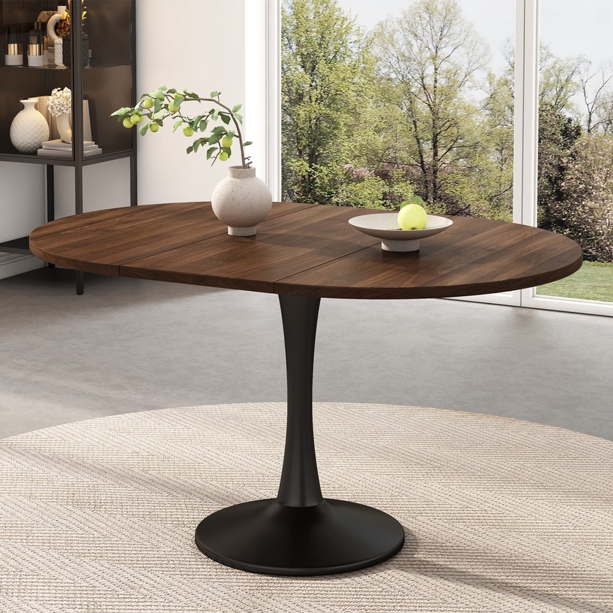 Pugsdrly Uitschuifbare eettafel, ovale eettafel, koffie- en salontafel, lengte 100/140 x breedte 100 x hoogte 75 cm, moderne, strakke eettafel, walnoothoutkleur