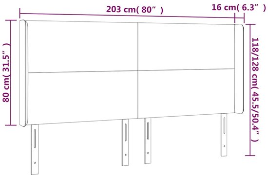 Dimensions de la tête de lit marron foncé : 203 x 16 x 118/128 cm.