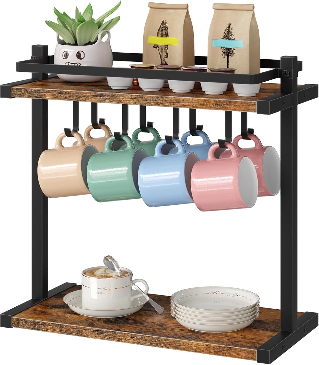 Home & Beyond® Tassenhouder - Koffiekopjeshouder en Tassenrek - 2-Laags Koffierek met 4 Dubbele Haken - Voor 8 Tassen - Vintagebruin en Zwart - 35x20x41 cm