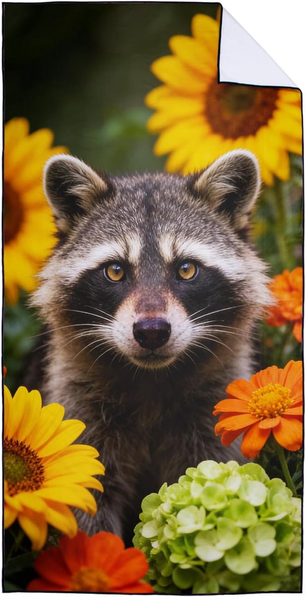 Microfibre Large Beach Towel, 90 x 180 cm, Quick-Drying and Compact Towel/Beach Towel, Raccoon in Sunflower Design - ShopVlot
