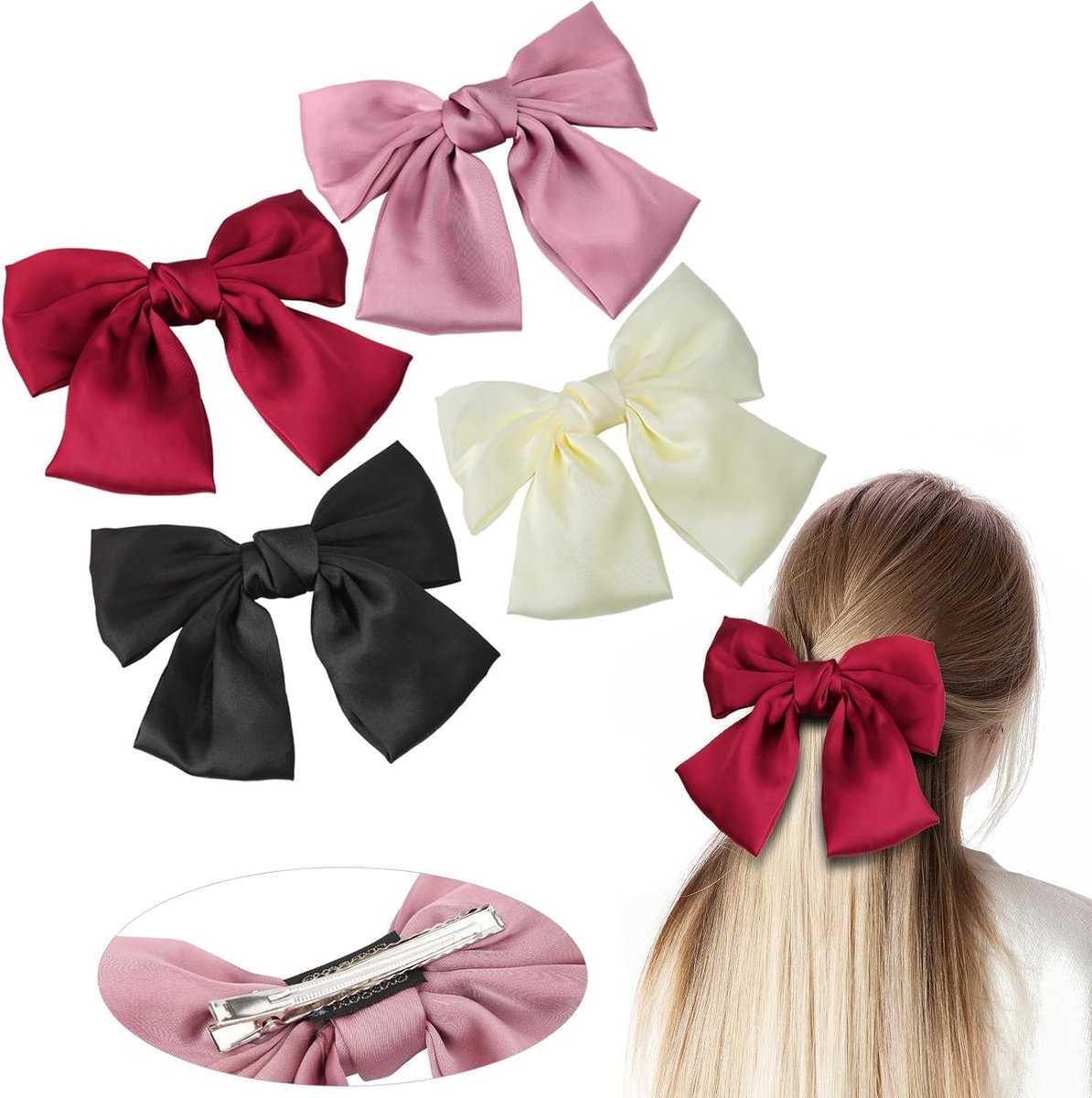 Mbsomnus 4pcs Bow Hair Clips Hair Bow with Sections Hair Clips Hair Bows for Women Girls Fabric Satin Hair Accessories - ShopVlot