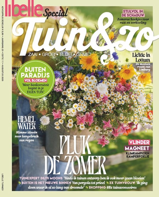 Speciale editie van Libelle met de titel 'Tuin & zo' en een grote bos bloemen op de voorkant, met de tekst 'Pluk de zomer'.