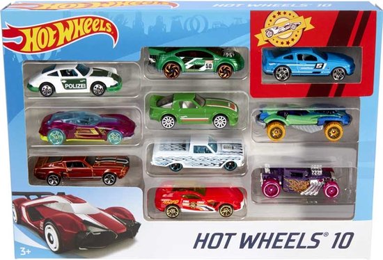 Hot Wheels 10-pack speelgoedauto's met diverse sport- en racewagens in verschillende kleuren en ontwerpen.