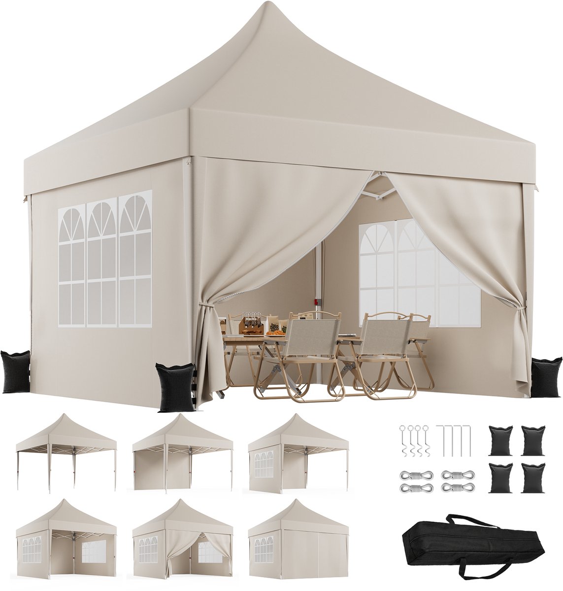 Devoko Luxe Partytent 3x3 m – opvouwbaar snelopzetbaar tuinpaviljoen met zijwanden – Waterdicht en UV-bestendig – Inclusief opbergtas – 3 Hoogteverstelbaar – Beige