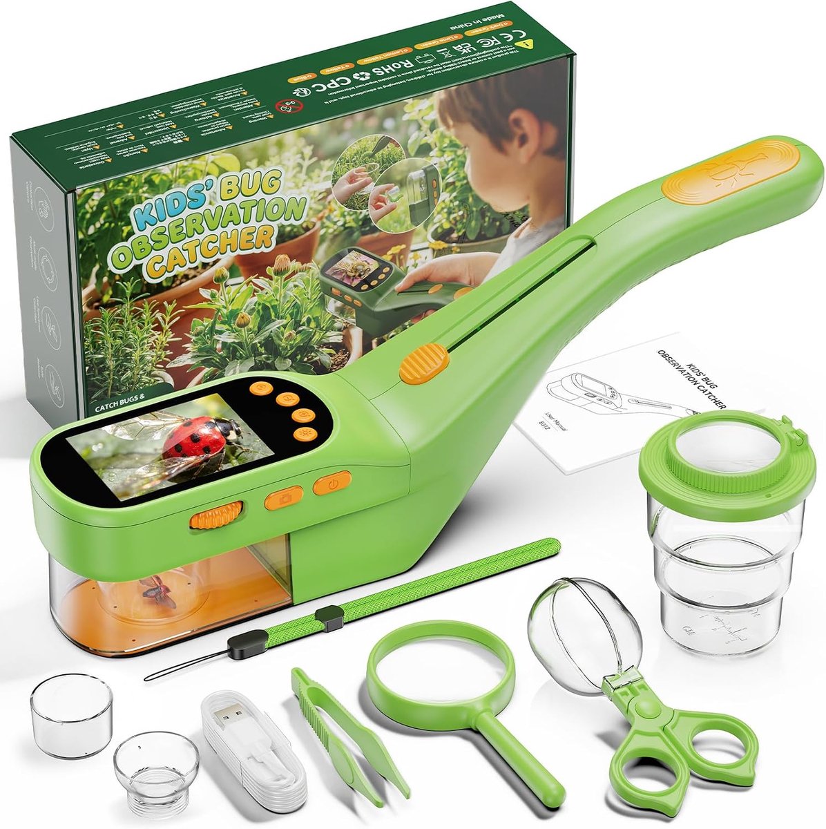 Bobypet - Digitale Insectenvanger met 2.4 Inch Kleurenscherm voor Kinderen - 500x Zoom Digitaal Microscoop Buitenspeelgoed met LED Verlichting, Fotofunctie & Accessoires - Educatief Natuur Ontdekkingsset Cadeau Jongens & Meisjes 3-12 Jaar - Groen