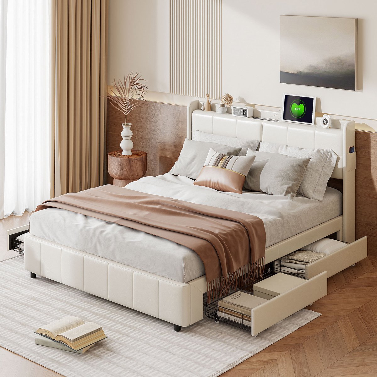 ROSAHQNDA Volwassen bed 160x200 cm, tweepersoonsbed met 4 opberglades, gestoffeerd bed met hoofdbord, PU bekleding, wit, zonder matras