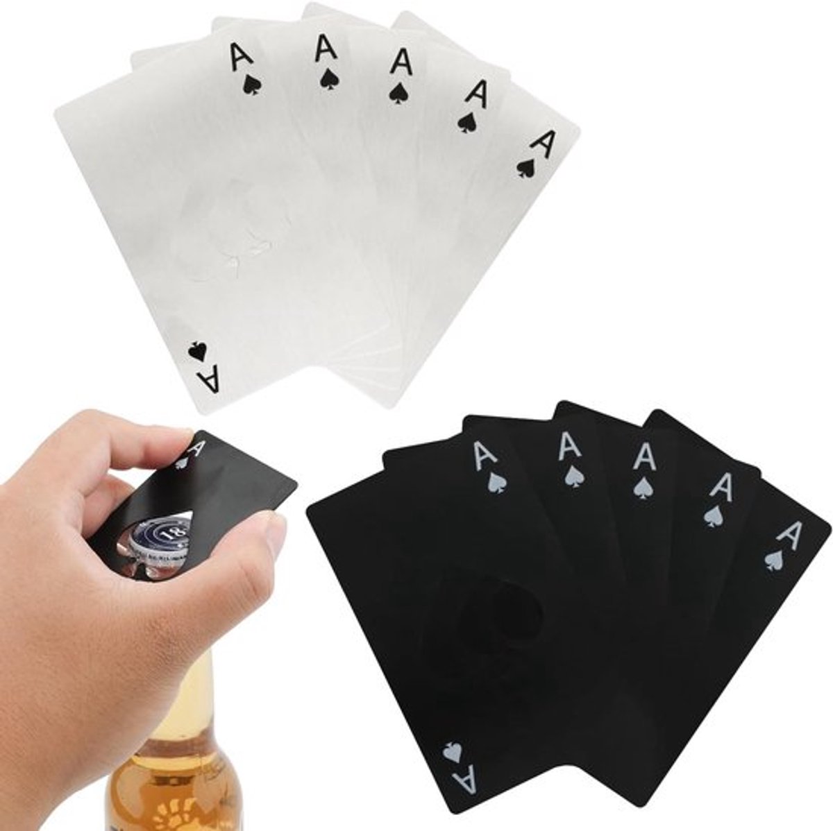 Set van 10 RVS Flesopeners in Poker Kaart Vorm, Draagbare Metalen Bieropener voor Feestjes, Bruiloften en Verjaardagen - Zilver en Zwart