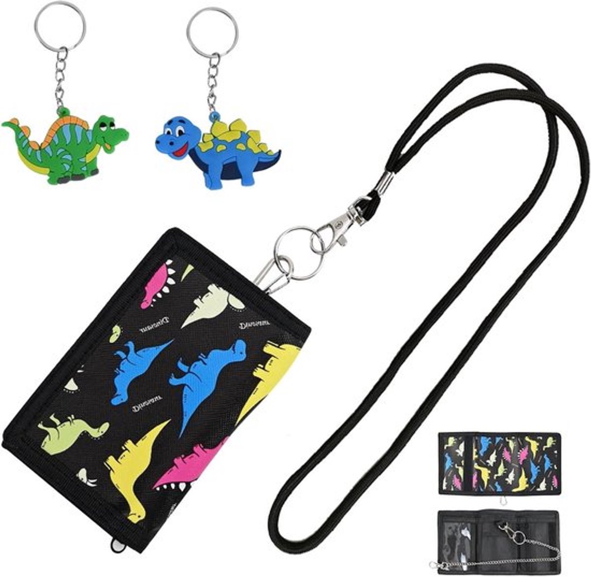 Kindertasje met dinosaurussen, drievoudig gevouwen portemonnee met trekkoord en metalen ketting, ideaal voor jongens en meisjes, zwart en casual gebruik