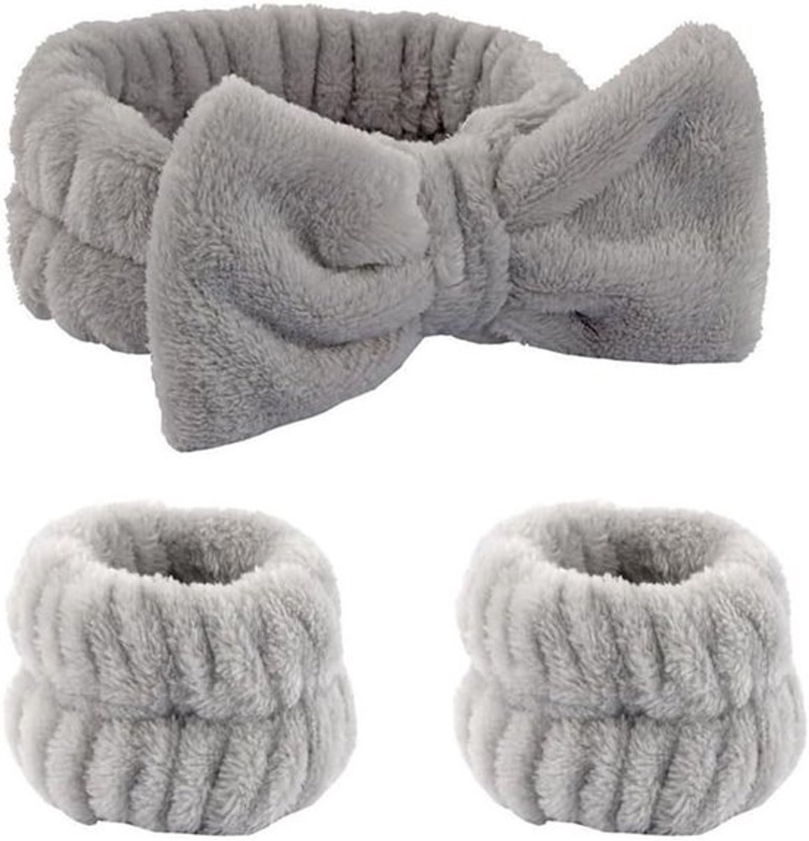 Set van 3 elastische haarbanden en polswasbanden voor vrouwen, ideaal voor make-up, yoga en douchen, grijs, zachte fleece