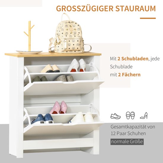 MIVRAY Schoenenkast - Ruimtebesparende Schoenkipper Met 2 Klappen Voor 12 Paar - Wit Met Houtlook Bovenblad - 72x26x80 Cm — afbeelding 4