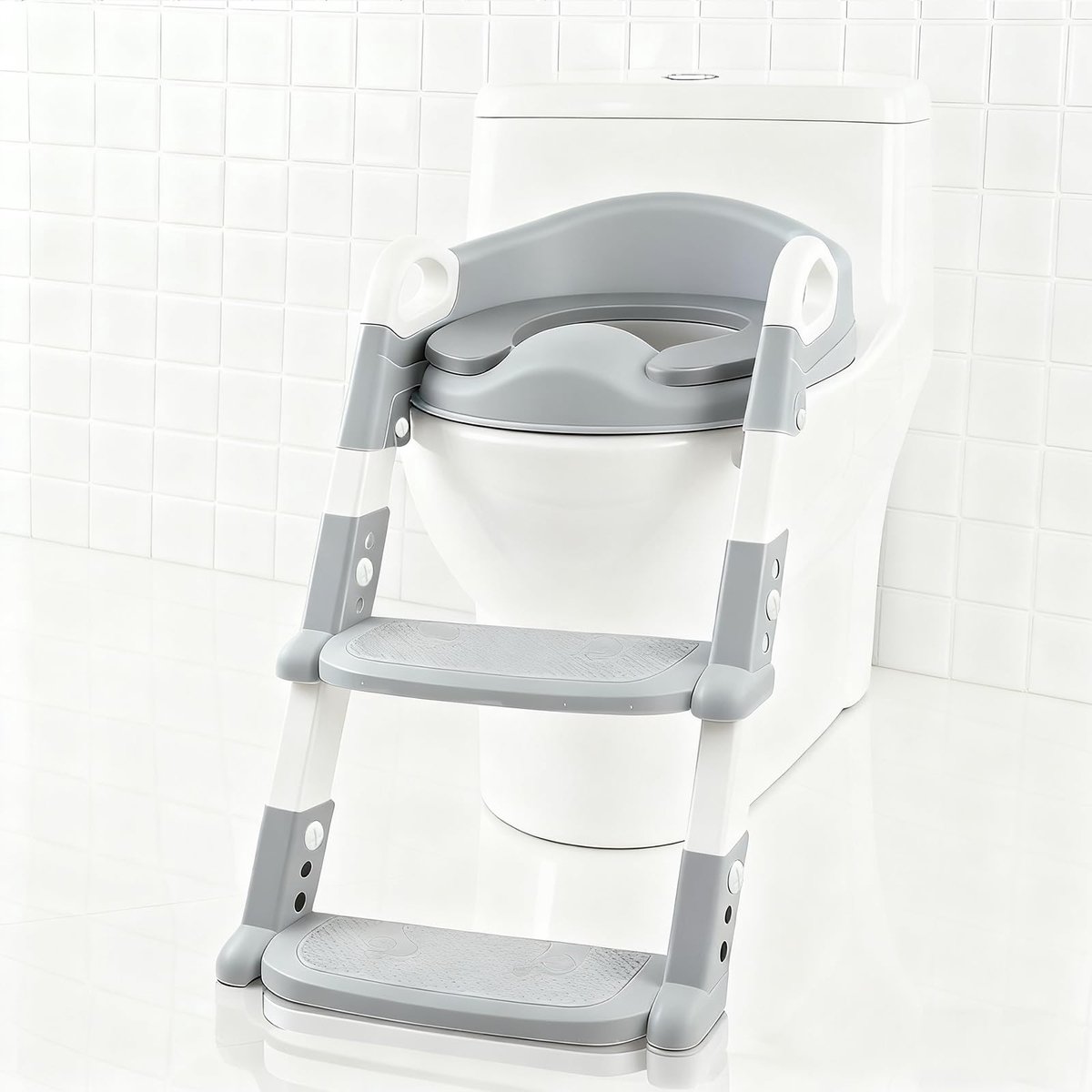 3-in-1 kindertoilettrainer met trapje en afneembaar kussen, in hoogte verstelbaar, antislip met zachte PU-coating - ShopVlot