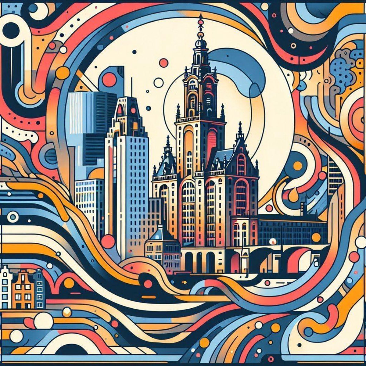 Rotterdam Schilderij - Abstract Kunst Werk - Muur Decoratie - Moderne Architectuur - 100x100cm - Multicolor