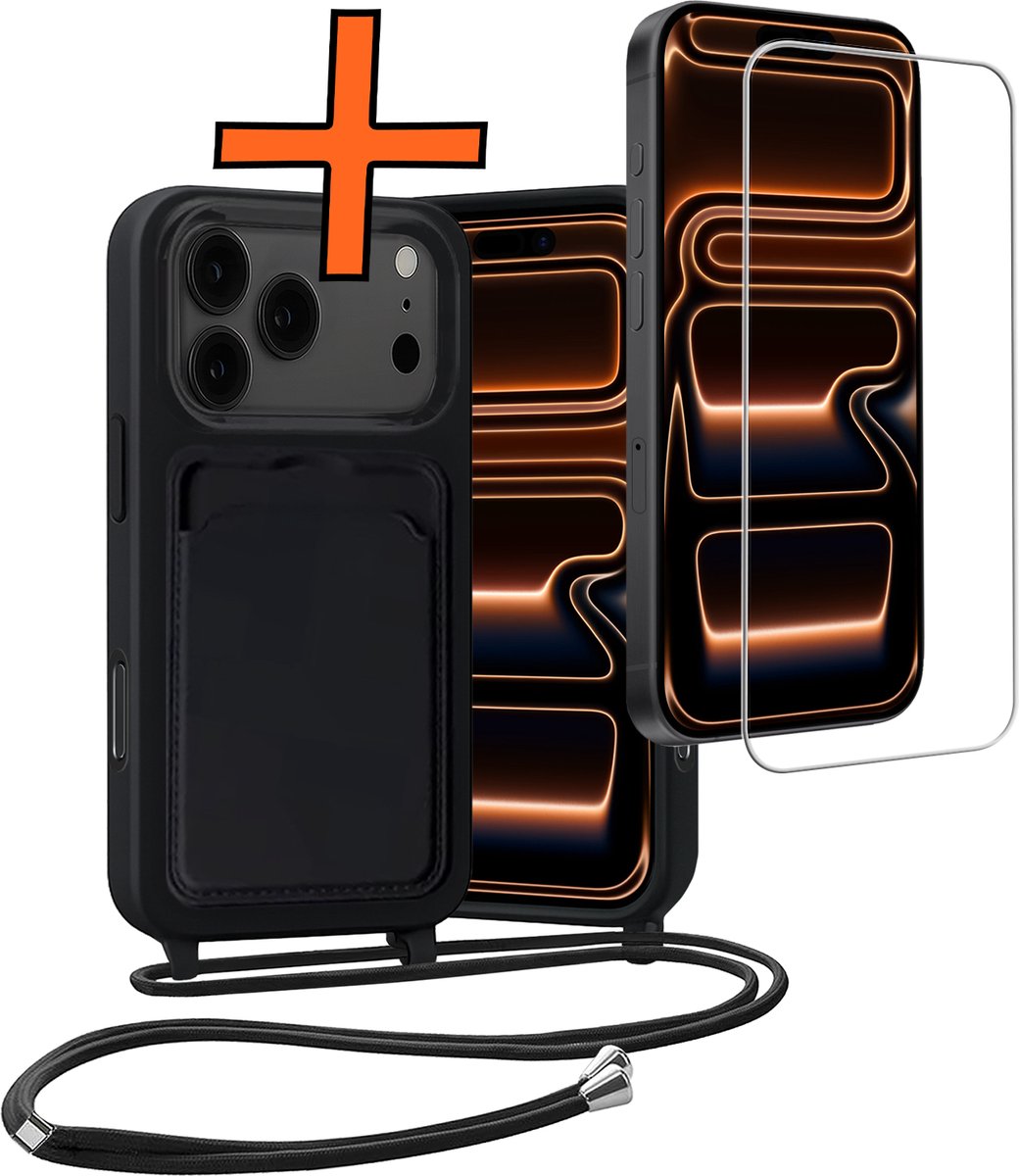 Hoesje Geschikt voor iPhone 18 Pro Max Hoes Met Telefoonketting Met Screenprotector - Backcover Geschikt voor iPhone 18 Pro Max Case Met Koord - Zwart