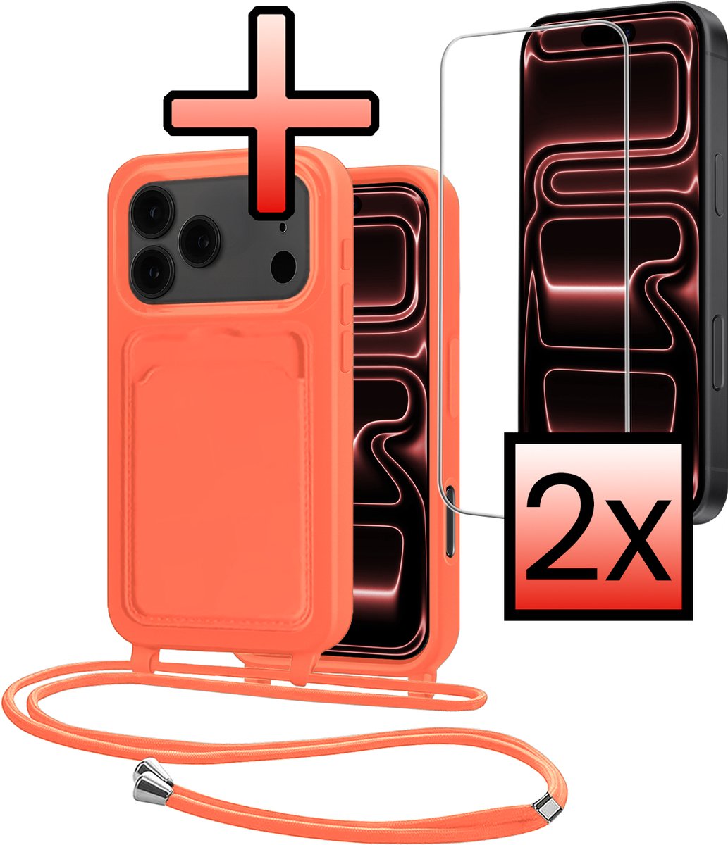 Hoes Geschikt voor iPhone 18 Pro Max Met Telefoonkoord Met 2x Screenprotector - Siliconen Hoesje Backcover Met Ketting - Papaya