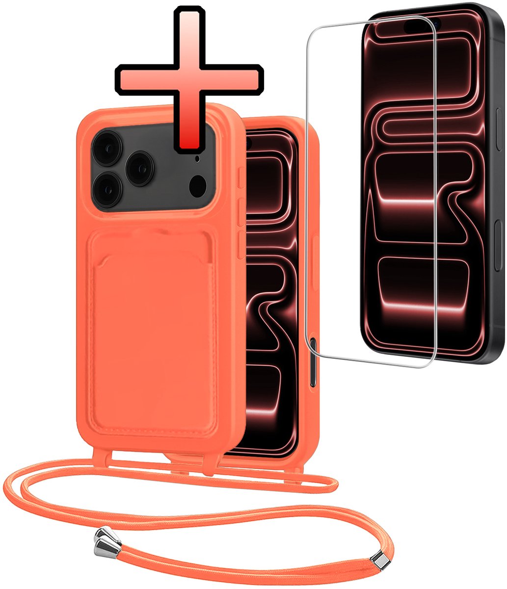 Hoes Geschikt voor iPhone 18 Pro Met Telefoonkoord Met Screenprotector - Siliconen Hoesje Backcover Met Ketting - Papaya