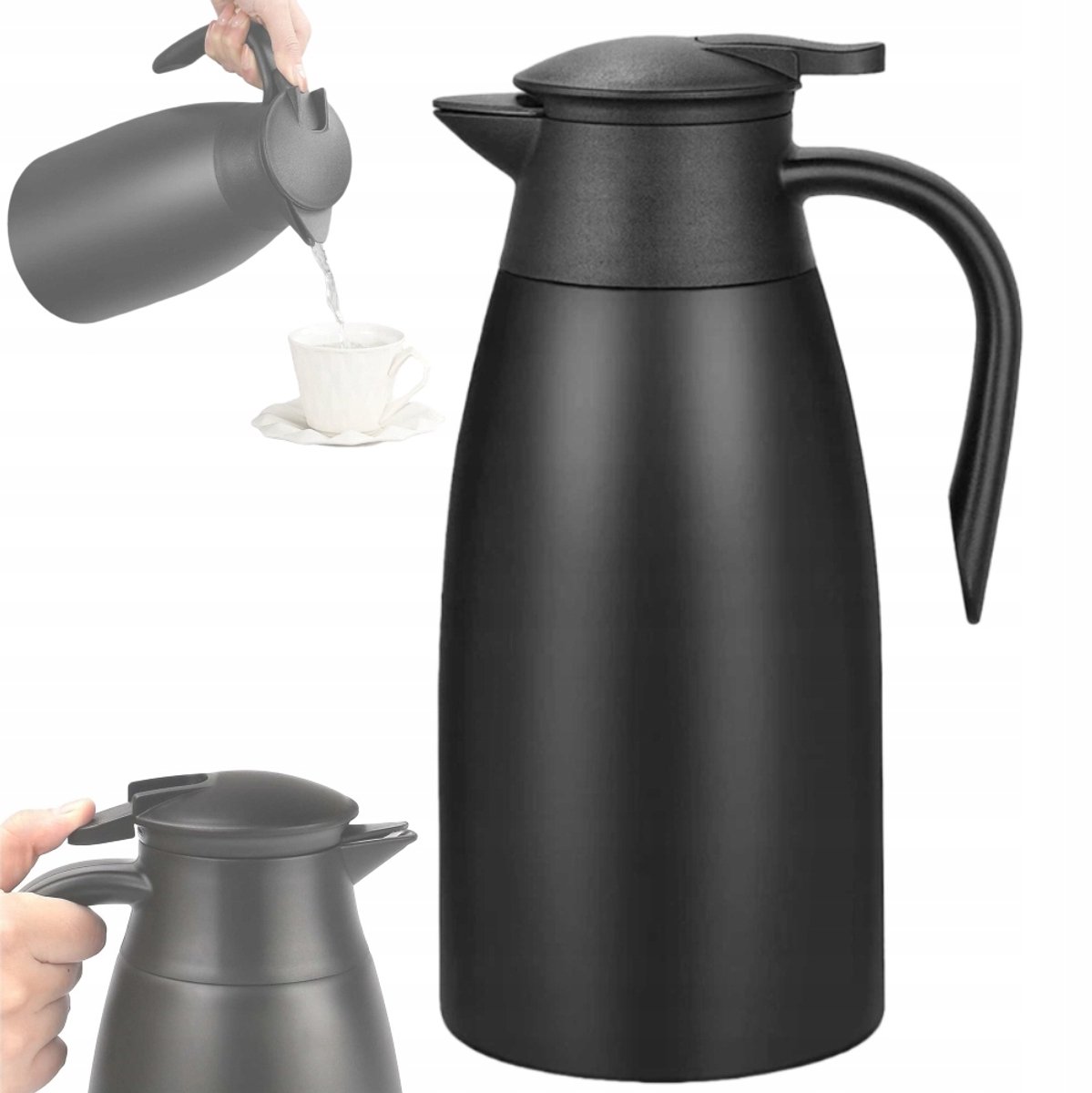 Merkloze Thermoskan met Deksel - 2L - Zwart - Ideaal voor Koffie, Thee & Water
