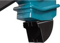 Detail van de turquoise behuizing en zwarte zuigmond van een Makita bladblazer. Tekst '>ABS<' zichtbaar.