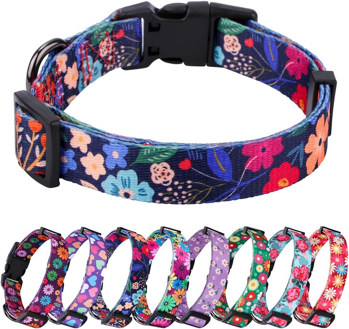 SnelShoppen - Hondenhalsband voor Kleine Honden met Schattige Bloemenprint - Zwart, M - 3/4" Breed - Veilig en Comfortabel - Perfect voor Dames en Mei