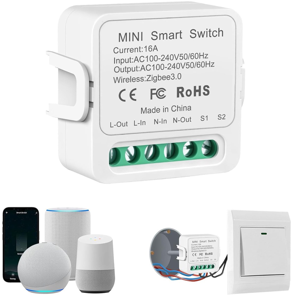 SnelShoppen - Zigbee Intelligent Switch 16A Mini Gateway, Smart Switch met Tuya App, Alexa & Google Home, Vereist Neutraal Draad, 100-240V