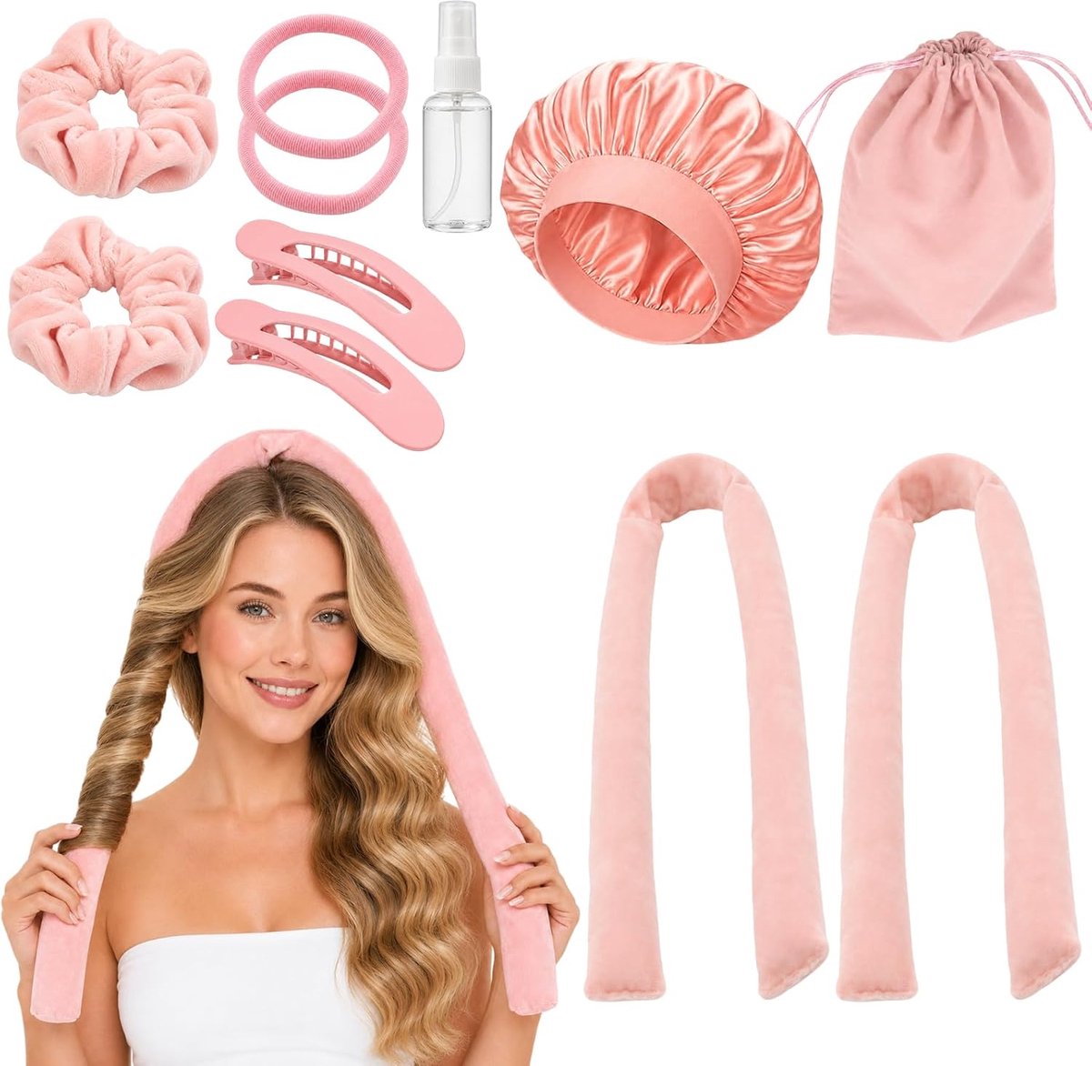 SnelShoppen - 11 stuks Heatless Curls Set met 2 maten, Krulspelden zonder Hitte voor Natuurlijke Krullen, Scrunchies en Haarclip, Antislip Haarkrulspe