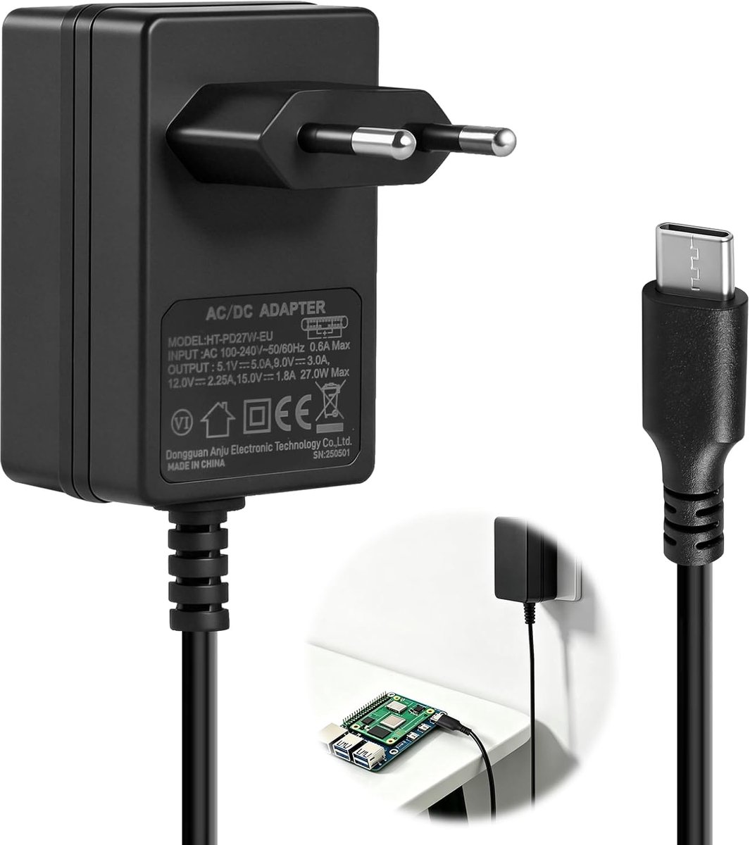 SnelShoppen - 27W USB-C Oplader voor Raspberry Pi 5 - Snellader 5V 5A - Ideaal voor Projecten - Compact en Lichtgewicht - Voor Thuis en Op Reis