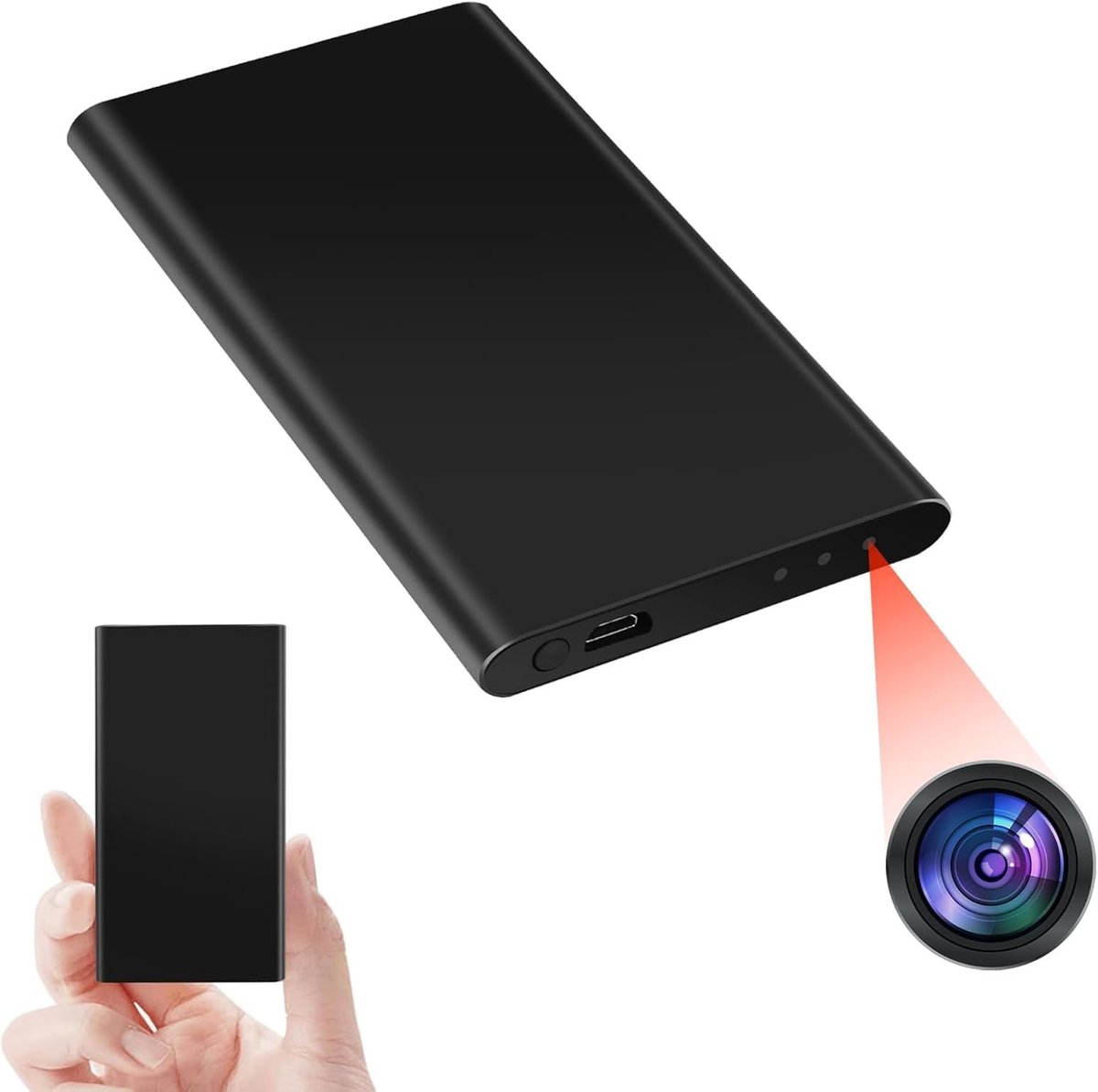 SnelShoppen - Kleine camera 1080P HD met 5000mAh powerbank, nachtzicht, zwaartekrachtsensor en 3-in-1 oplaadkabel voor mobiel opladen, ideaal voor fee