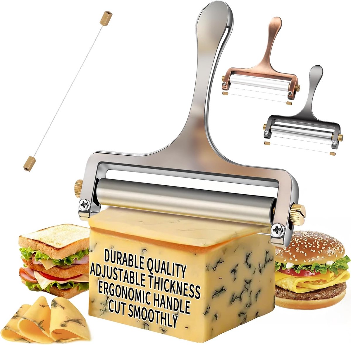 SnelShoppen - Wire Cheese Cutter - RVS Handmatige Kaas Snijder voor Mozzarella, Cheddar en Gruyère - Inclusief 1 Extra Draad - Verstelbare Dikte Kaas