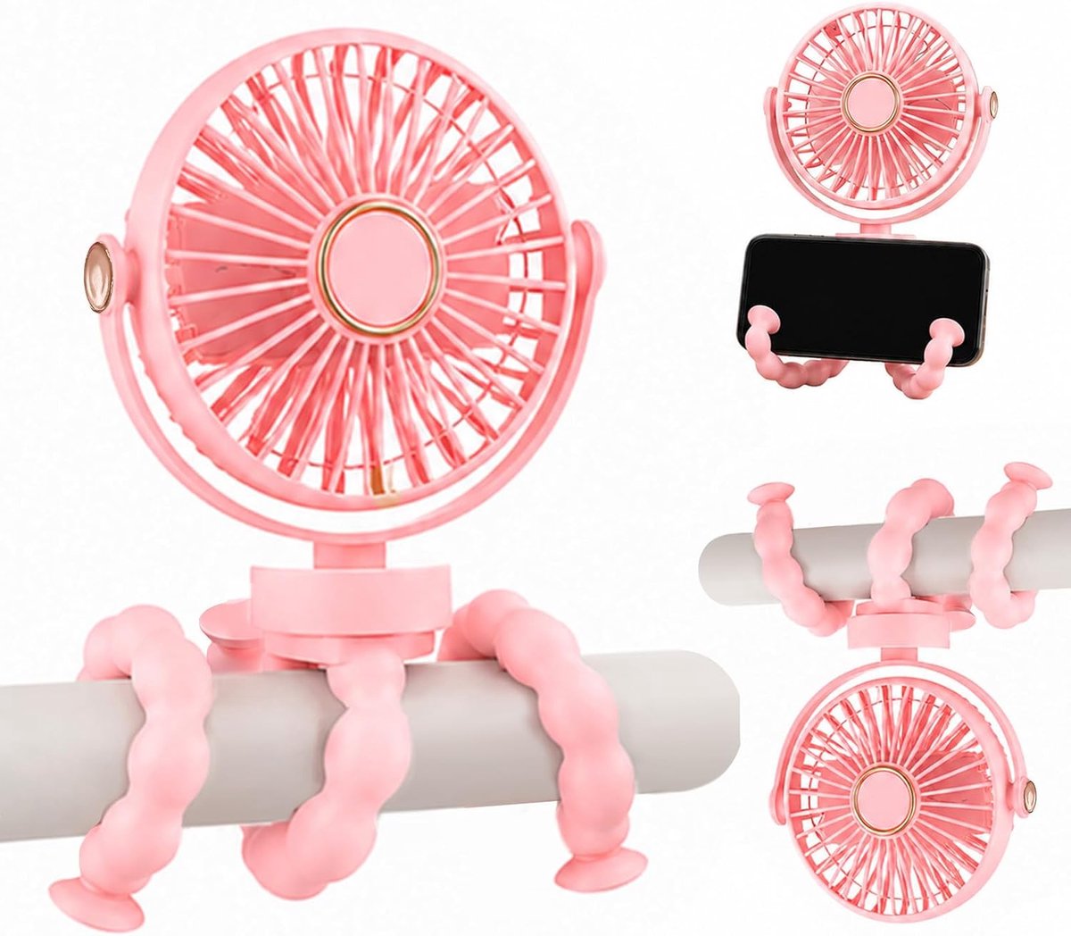 SnelShoppen - Draagbare Kinderwagenventilator 360 Graden Draaibaar met 3 Windsnelheden - Flexibele Statiefventilator voor Kinderwagens, Camping, Autos