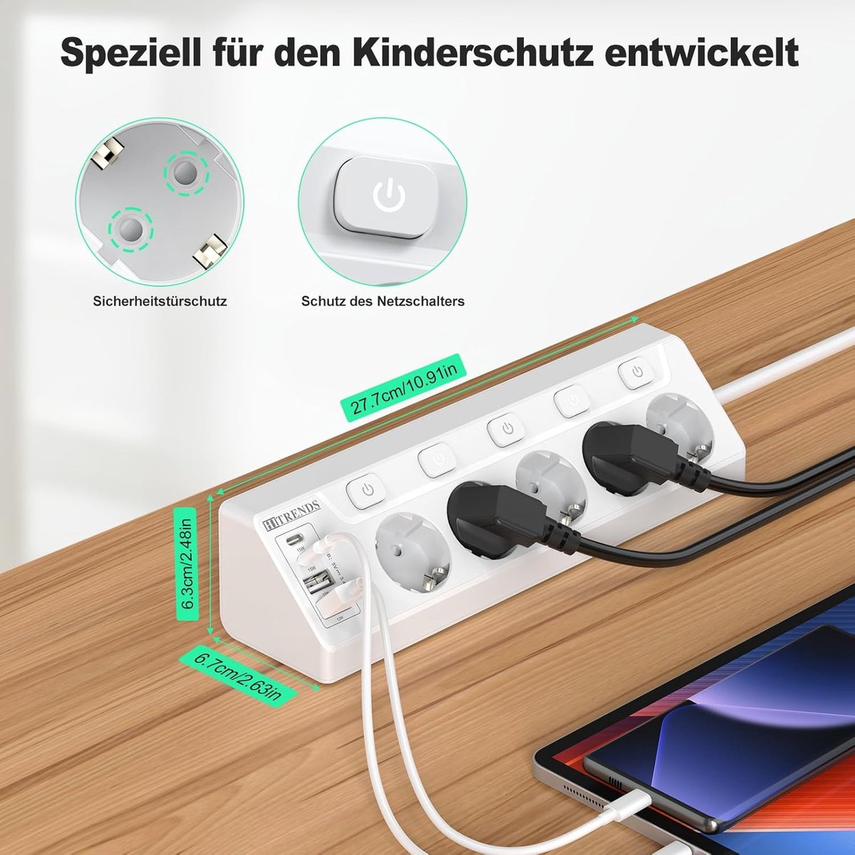 SnelShoppen - Hoekstekker met USB, 5-voudige Stekkerdoos met Schakelaar, Meerdere Stekkerdozen met 2 USB en 2 Type-C, 9-in-1 Overspanningsbeveiliging