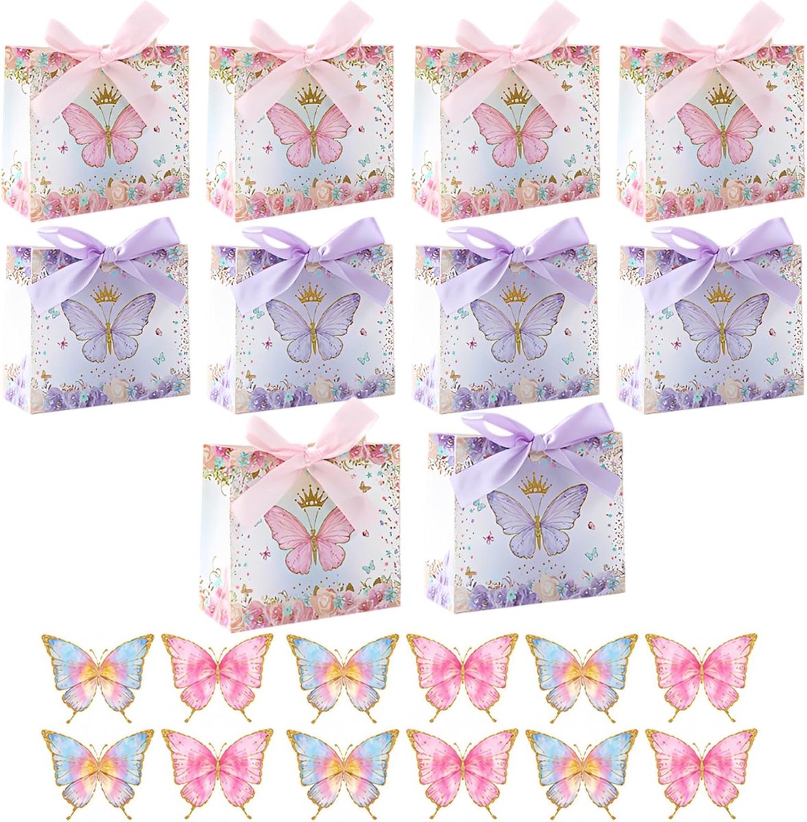 SnelShoppen - Set van 10 Kleine Geschenkzakjes met Vlinderdesign in Roze en Paars, Papieren Zakjes met Lint en Stickers voor Kinderverjaardag, Bruilof