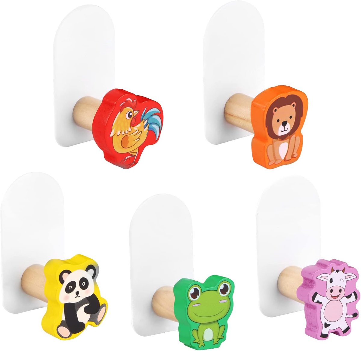 SnelShoppen - Kinder Kledinghaken, 5 Stuks, Houten Wandhaken voor Kinderen, Dieren Ontwerp, Zelfklevend, Geen Boren Nodig, Ideaal voor Kinderkamers en