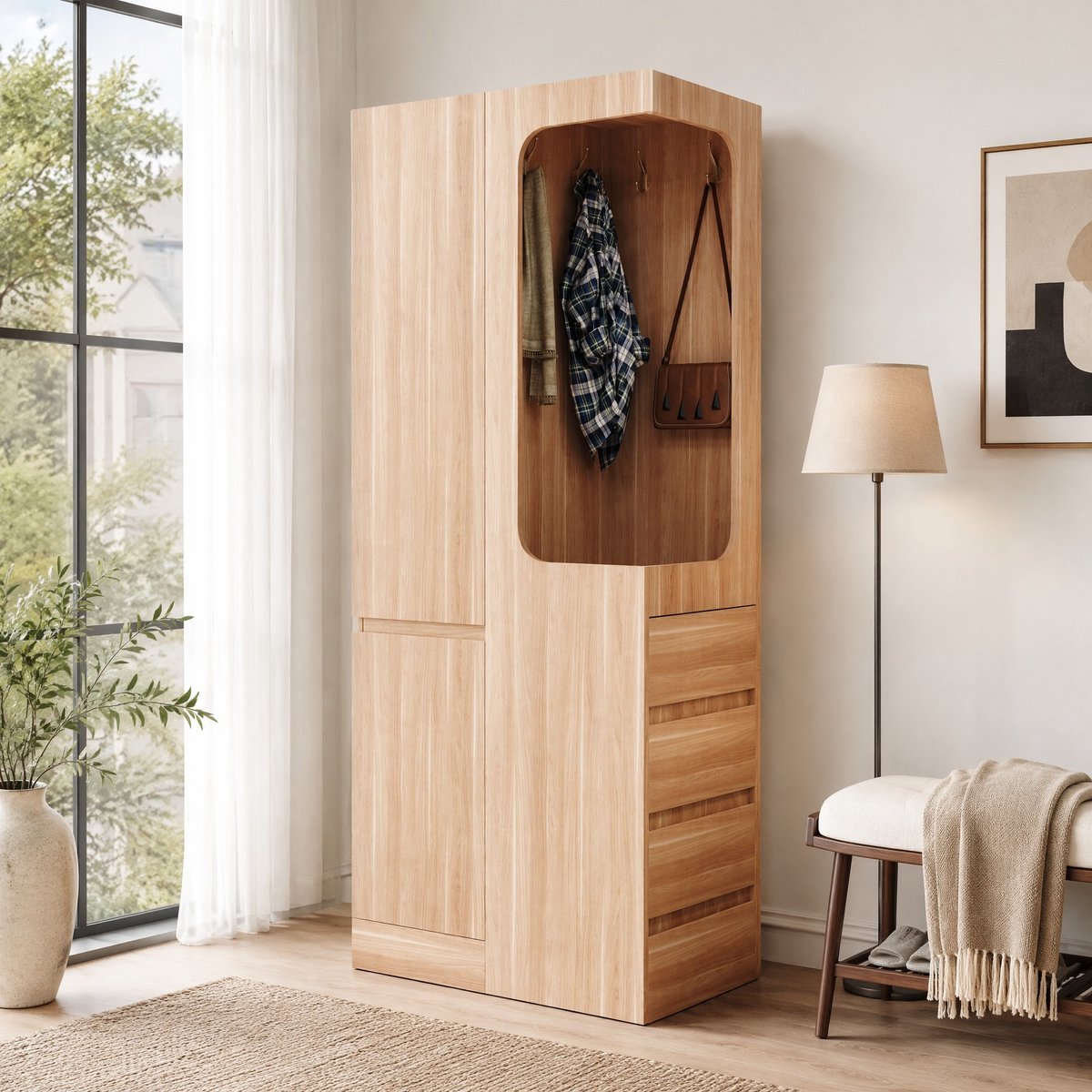 COVREO Kledingkast 70 x 40 x 170 cm - houtkleur, open hanggedeelte, 4 lades Naturel hout