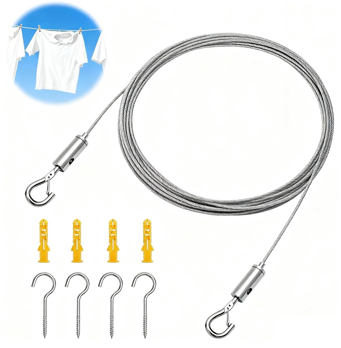 SnelShoppen - Stalen kabel met oogjes, 6 m draadkoord, 2 mm, verstelbare kabelspanning set, omhulde roestvrijstalen draad als gordijnkoord, buiten gor
