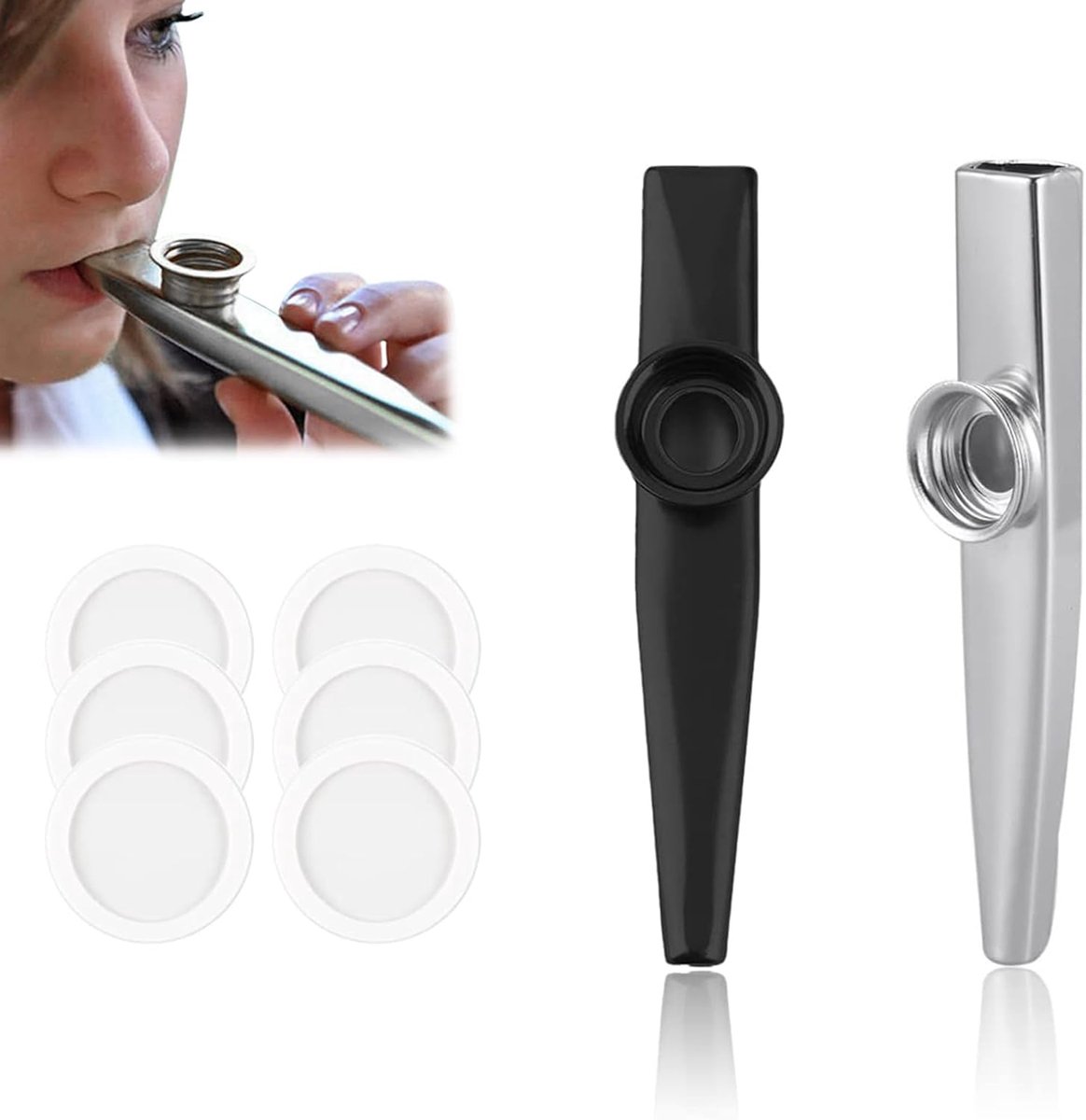 SnelShoppen - Pack van 2 Professionele Kazoo Muziekinstrumenten met 6 Fluit Membranen, Muziekinstrumenten voor Volwassenen en Kinderen (Zilver & Zwart