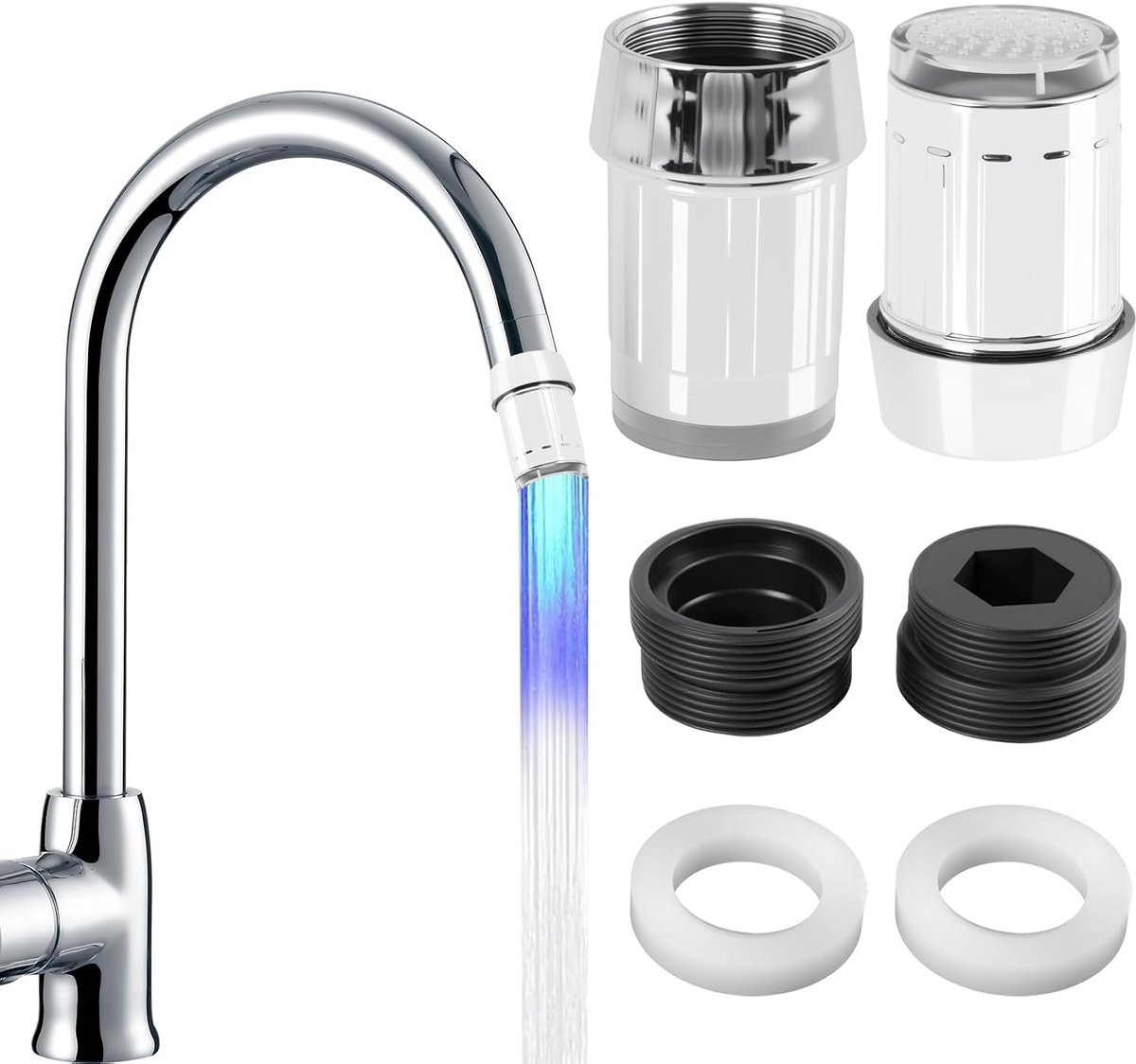 SnelShoppen - Set van 2 LED Kraanaccessoires, Automatische 3-Kleur Waterindicator voor Keuken en Badkamer, Duurzaam ABS, Waterbesparend, Koud Blauw, W