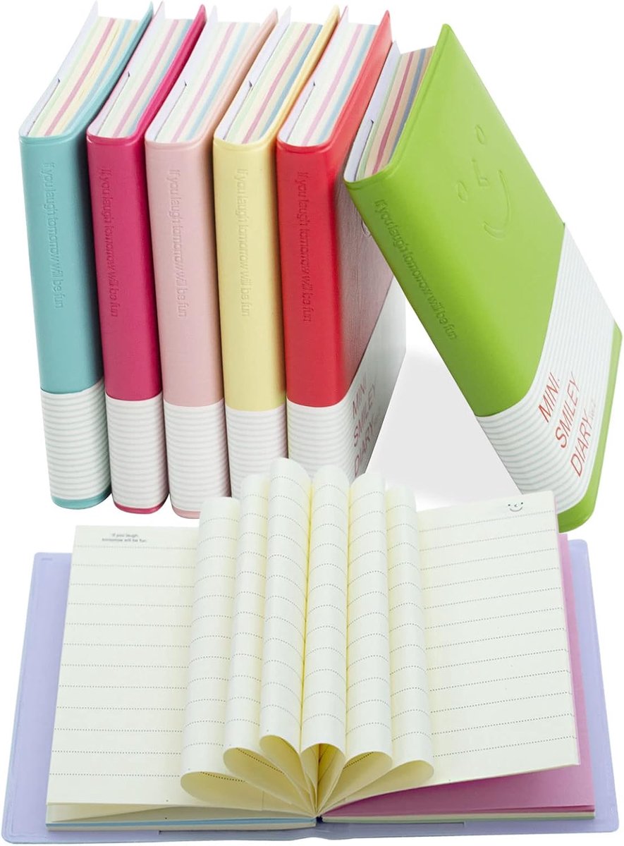 SnelShoppen - 6 Stuks Kleine Pocket Notitieboekjes, Super Mini Draagbare Dagboeken met Imitatie-Leren Kaft, Kleurige Smiley Memo Pads voor Reizen, Sch