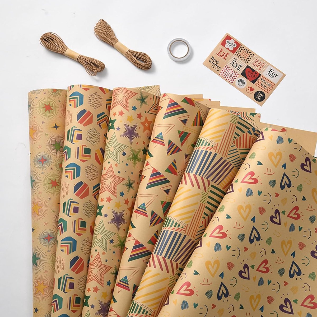 SnelShoppen - Cadeaupapier Set 6 Vellen 70 x 50 cm Sterren, Feestelijk Cadeaupapier met Ballonnen en Strepen, Inclusief Koord en Plakband, Perfect voo