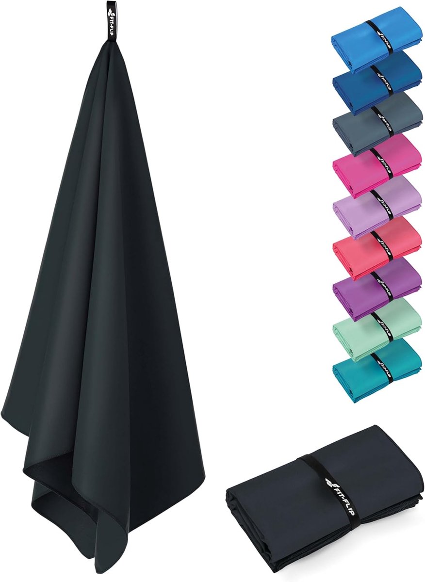 SnelShoppen - Fit-Flip Microfibre Handdoek - Compact, Ultralicht & Sneldrogend - Ideale Sporthanddoek, Strandhanddoek & Reishanddoek 140x70cm Onyx Zwa
