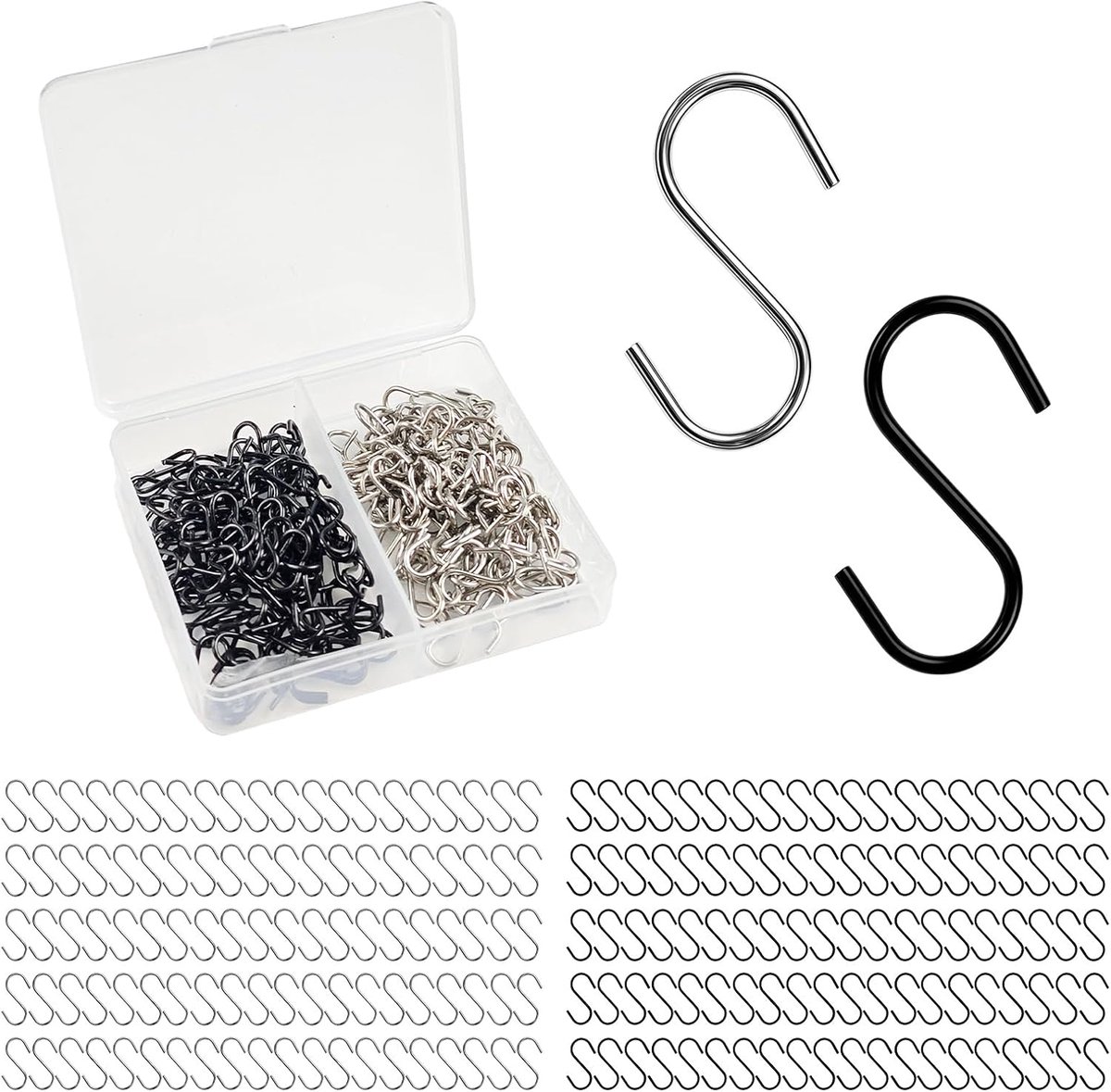 SnelShoppen - 200 stuks mini-S-haken 14 mm roestvrij staal, zwarte en zilveren S-vormige metalen haken voor ophangen, ideaal voor sieraden, planten, l