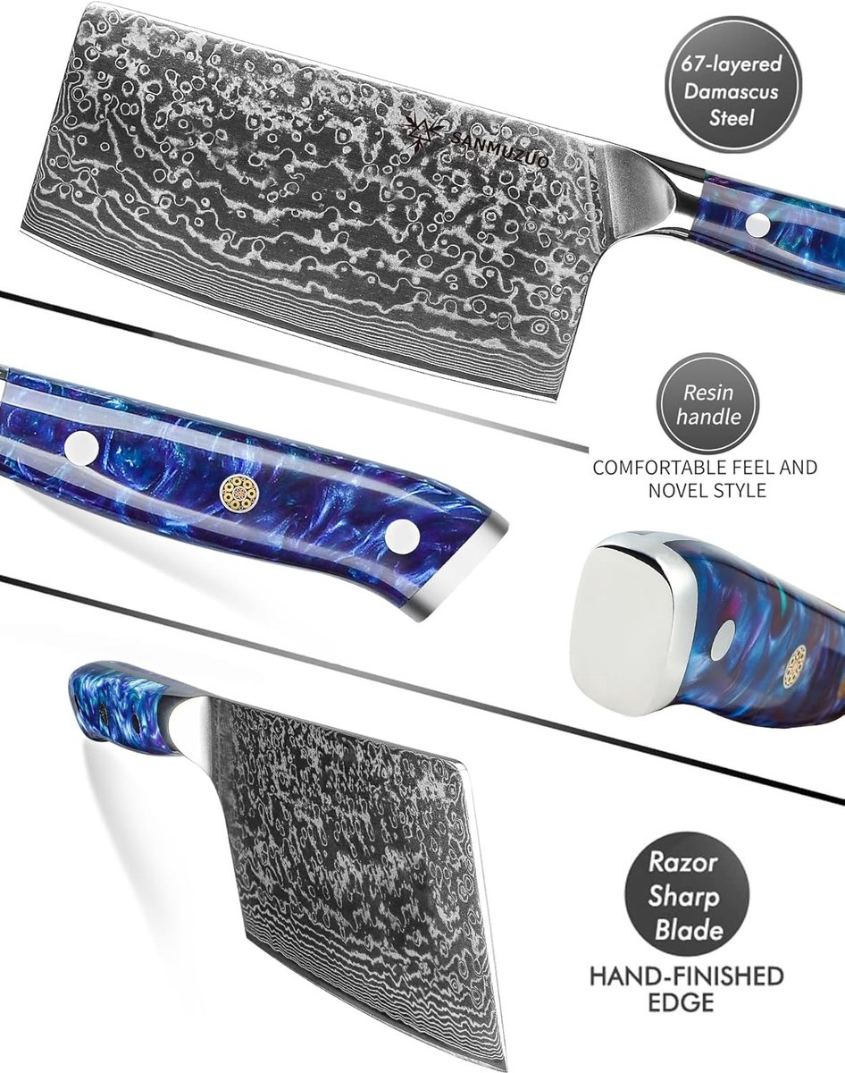 SnelShoppen - Chinese Koksmes 18cm - Professioneel Scherp Keukenmes - 67 Laags Damaststaal VG10 - Resin Handvat - Xuan Serie (Saffier Blauw)