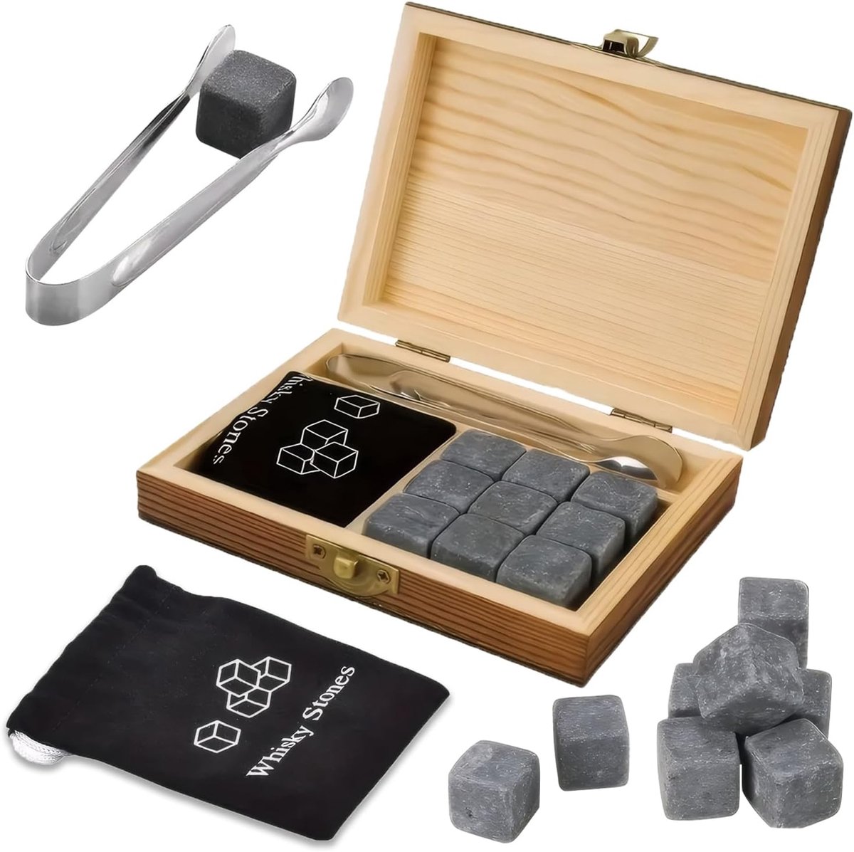 SnelShoppen - Whiskey Stones Set met Glazen, Tweezers, Whiskey Cadeau Set voor Mannen, Persoonlijke Cadeaus, Vaderverjaardag, Kerstcadeaus - 8 Stuks