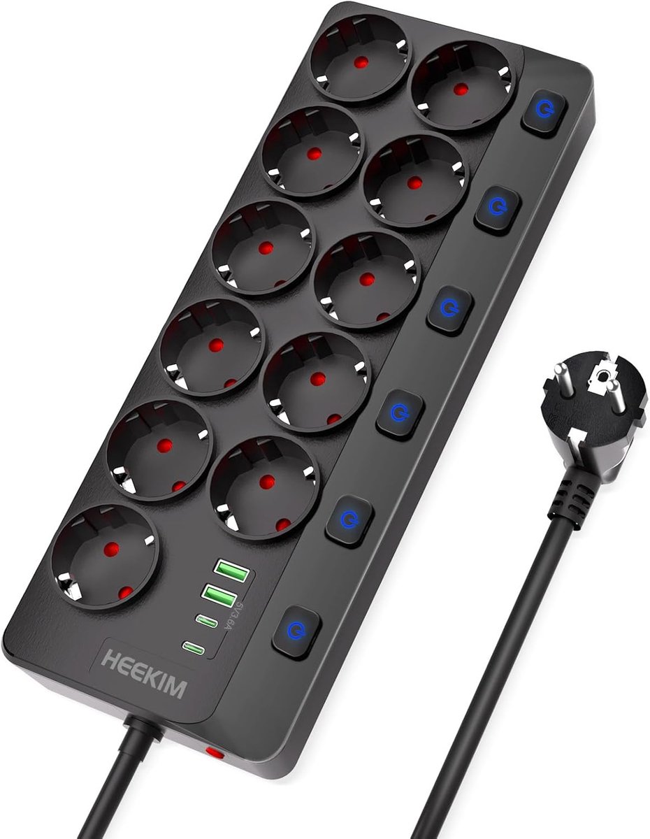 SnelShoppen - HEEKIM Verlengsnoer met 2 USB-A en 2 USB-C, 4000W 16A, 6 aparte schakelaars, 2 meter, zwart voor thuis, kantoor, camping