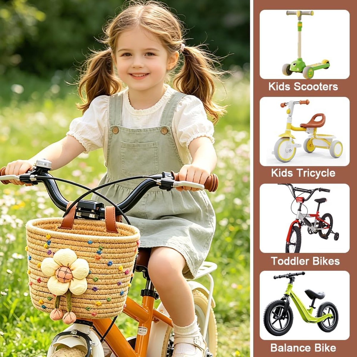 SnelShoppen - Fietsmand voor meisjes - Extra grote voormand voor kinderen - Milieuvriendelijk materiaal - Handgeweven - Kleurrijke stof - Perfect voor