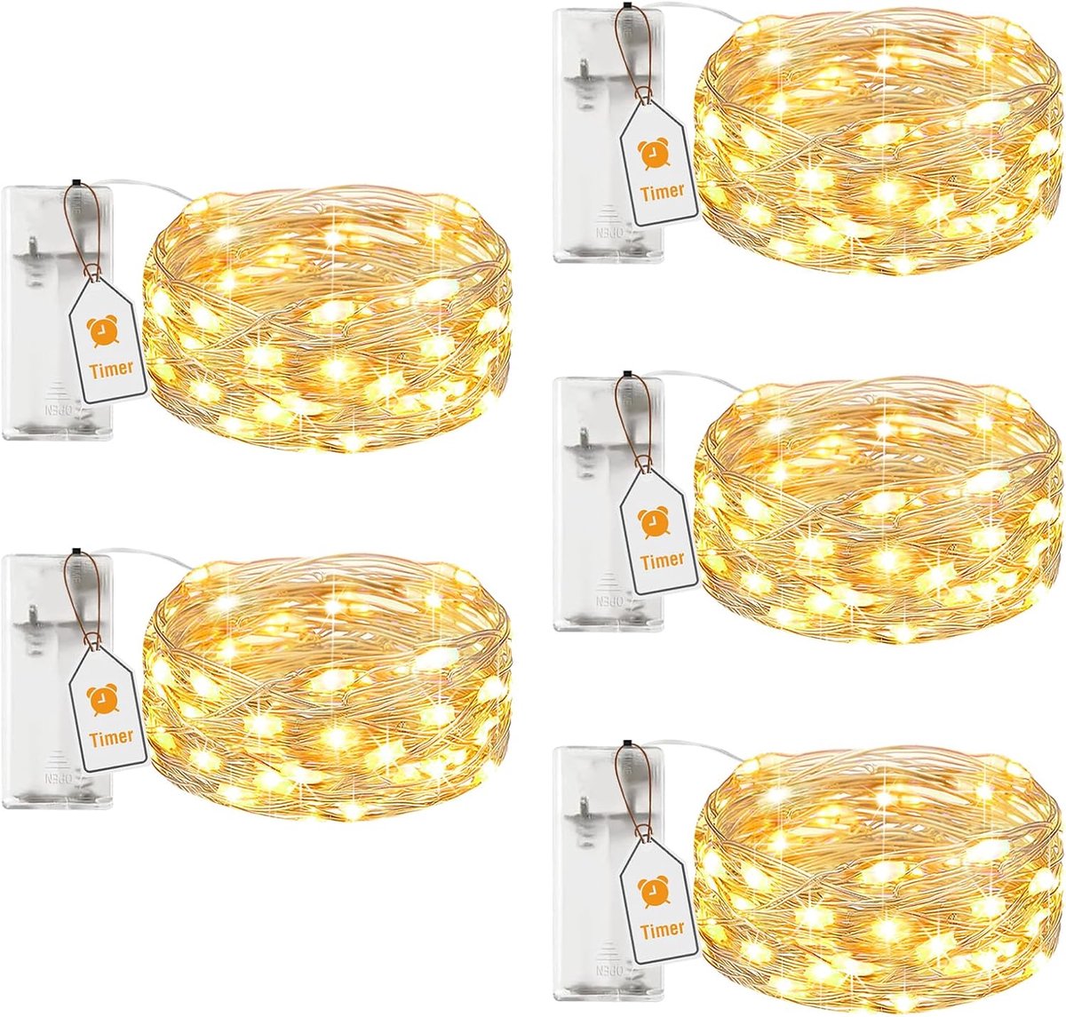 SnelShoppen - LED Fairy Lights Set van 5, 2m Micro Silver Draad met 20 LEDs, Warm Witte Batterijverlichting met Timer voor Decoratie, Feest, Kerst, Br